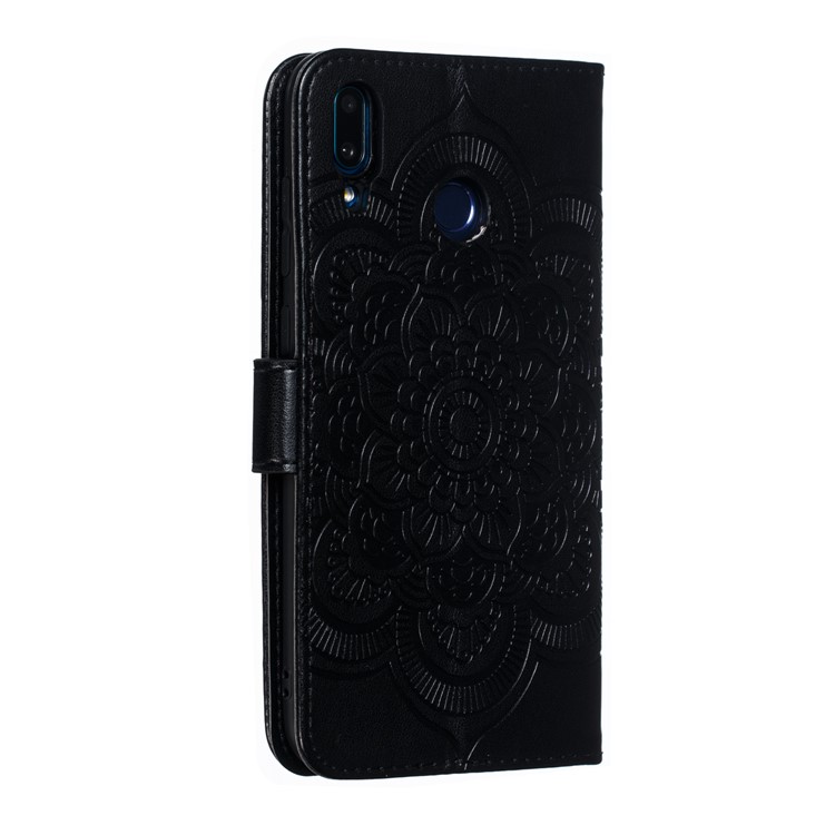 For Huawei Y7 (2019) Imprint Mandala Flower Leather Wallet Case Phone Cover - Black-4