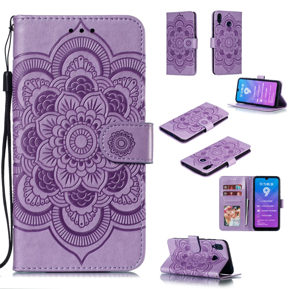 Para Huawei Y7 (2019) Impressão Mandala Flor Carteira De Couro Caso Tampa Do Telefone - Roxa-1