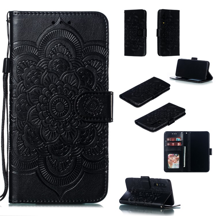 For Huawei P30 Imprint Mandala Flower Wallet Leather Case Phone Cover - Black-1