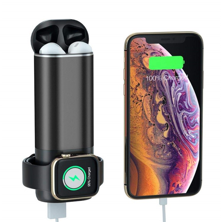 3 Em 1 Carregador Sem Fio Do Banco Do Poder 5200mah Para Airpods / Relógio Da Maçã Do Iphone - Preto-1