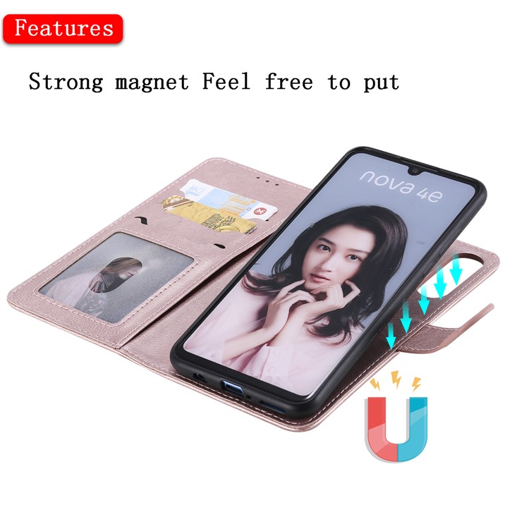 Embalagem Destacável Magnética Do Suporte Do Couro Da Carteira 2 In-1 Para O Huawei P30 Lite / nova 4e - Rosa Ouro-10