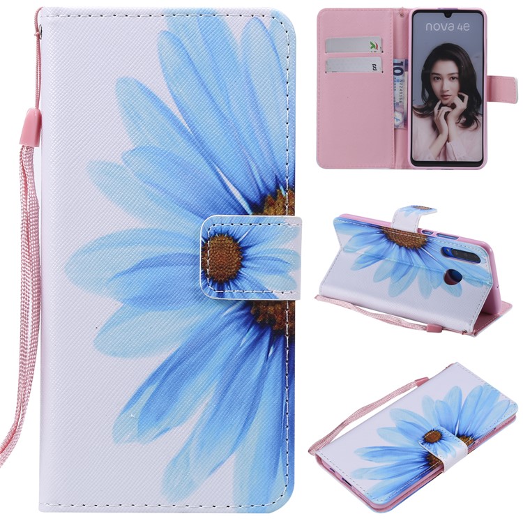 Pattern Printing Leather Wallet Case for Huawei P30 Lite / nova 4e - Blue Flower-1