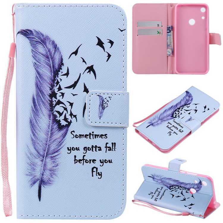 Pattern Printing Wallet Stand Leather Phone Case for Huawei Honor 8A/Y6 (2019, with Fingerprint Sensor) / Y6 Prime (2019) - Feather-1