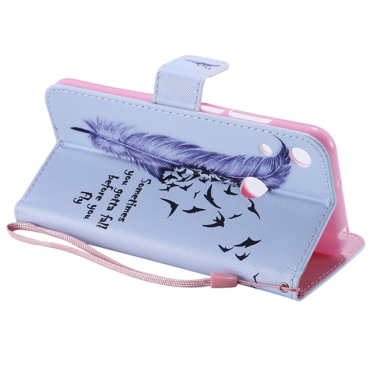 Pattern Printing Wallet Stand Leather Phone Case for Huawei Honor 8A/Y6 (2019, with Fingerprint Sensor) / Y6 Prime (2019) - Feather-7