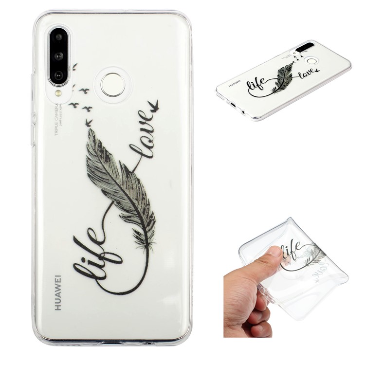 Pattern Printing Embossment Soft TPU Phone Case for Huawei P30 Lite/nova 4e - Black Feather-1