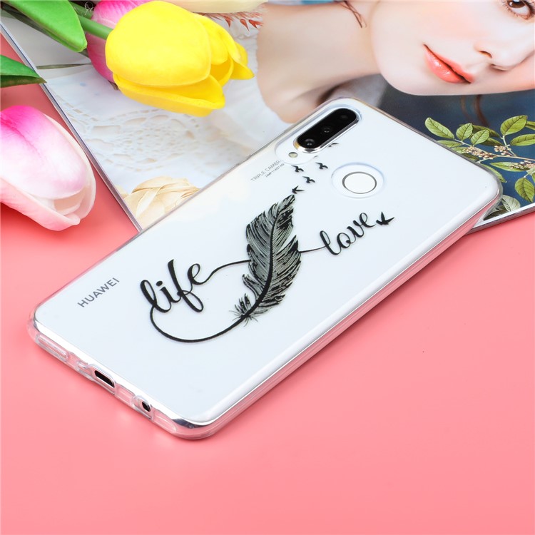 Pattern Printing Embossment Soft TPU Phone Case for Huawei P30 Lite/nova 4e - Black Feather-5