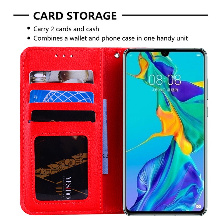 Litchi Skin Wallet Leather Stand Case for Huawei P30 - Red-5