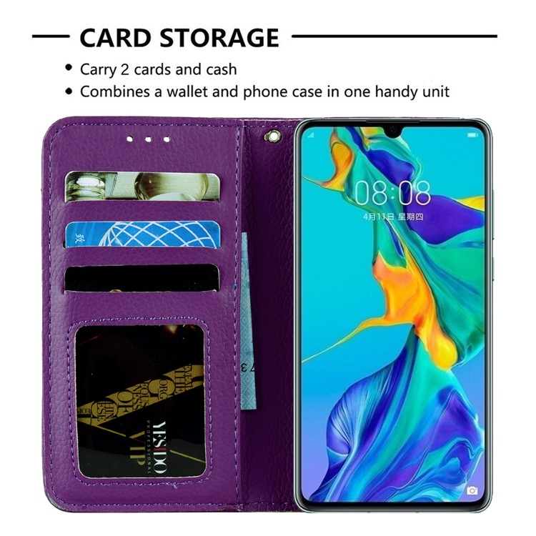 Litchi Skin Wallet Leather Stand Case for Huawei P30 - Purple-5