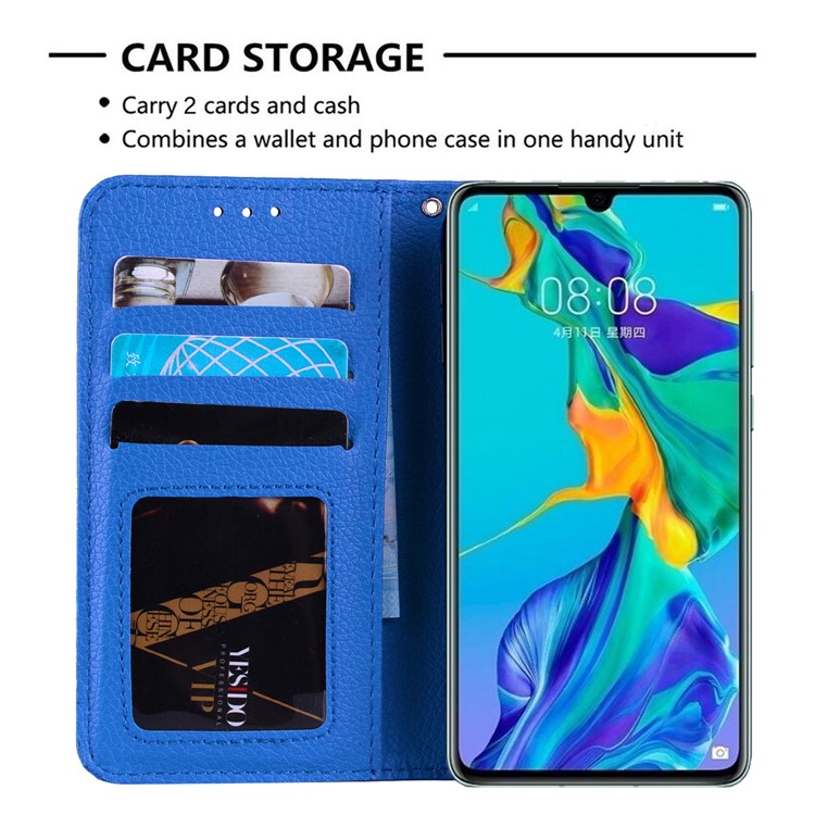 Litchi Skin Wallet Leather Stand Case for Huawei P30 - Blue-5