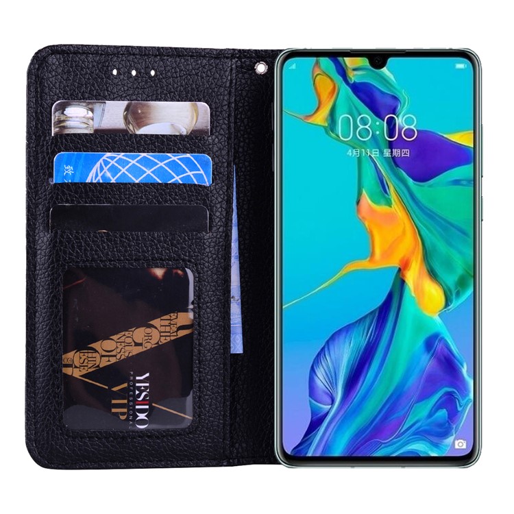 Litchi Skin Wallet Leather Stand Case for Huawei P30 - Black-6