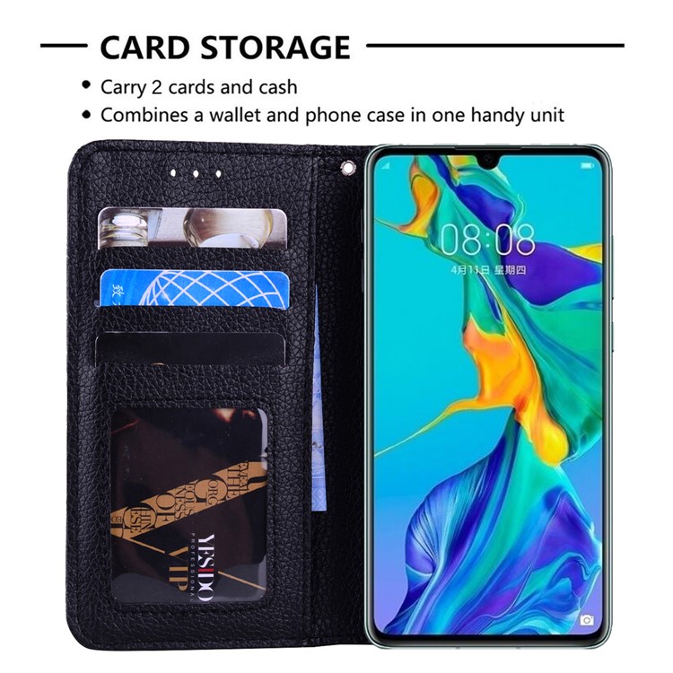 Litchi Skin Wallet Leather Stand Case for Huawei P30 - Black-8