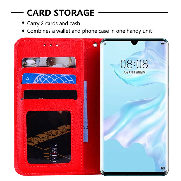 Litchi Skin Wallet Leather Stand Case for Huawei P30 Pro - Red-5