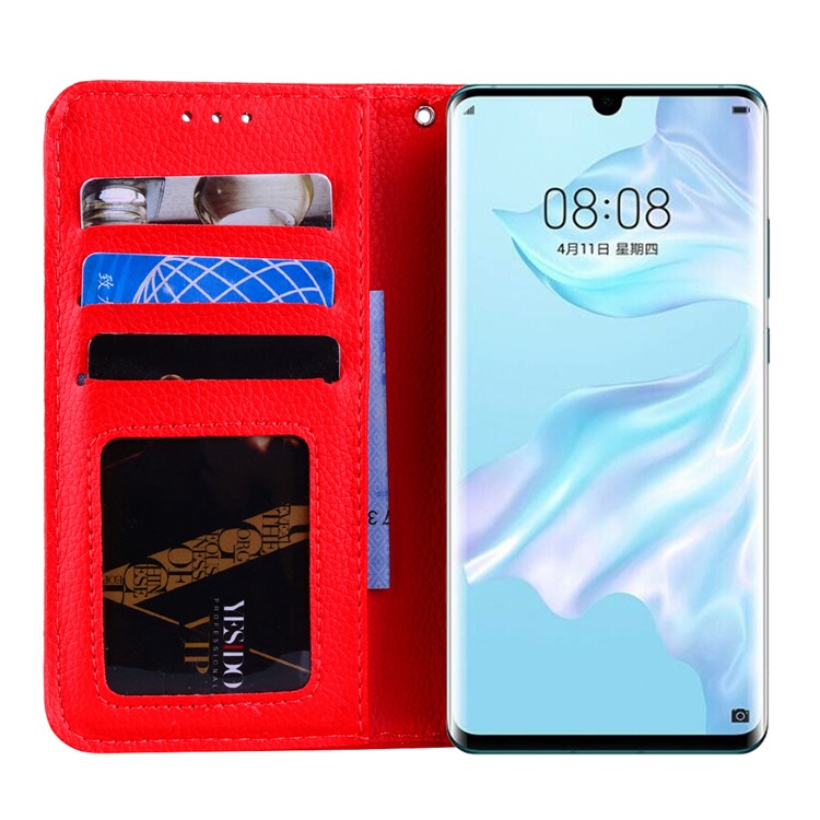 Litchi Skin Wallet Leather Stand Case for Huawei P30 Pro - Red-8