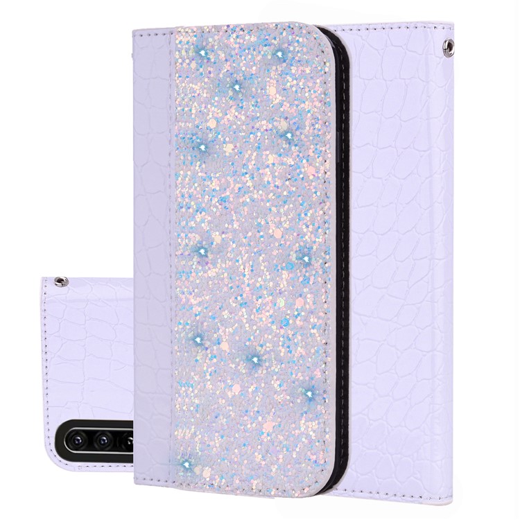 Crocodile Texture Glittery Sequins PU Leather Auto-absorbed Phone Case for Huawei P30 - White-1