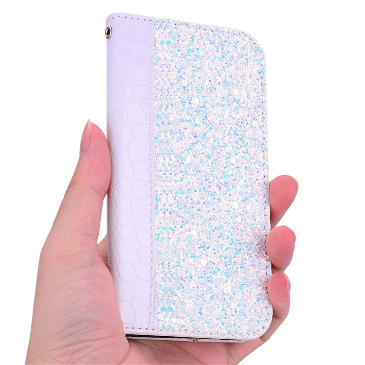 Crocodile Texture Glittery Sequins PU Leather Auto-absorbed Phone Case for Huawei P30 - White-10