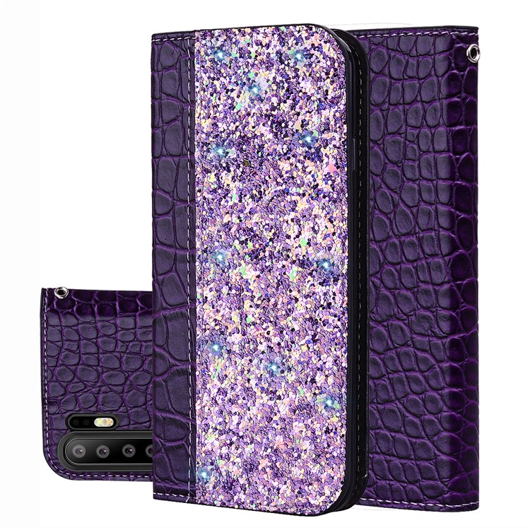 Glittery Sequins PU Leather Case Auto-absorbed Phone Cover for Huawei P30 Pro - Purple-1