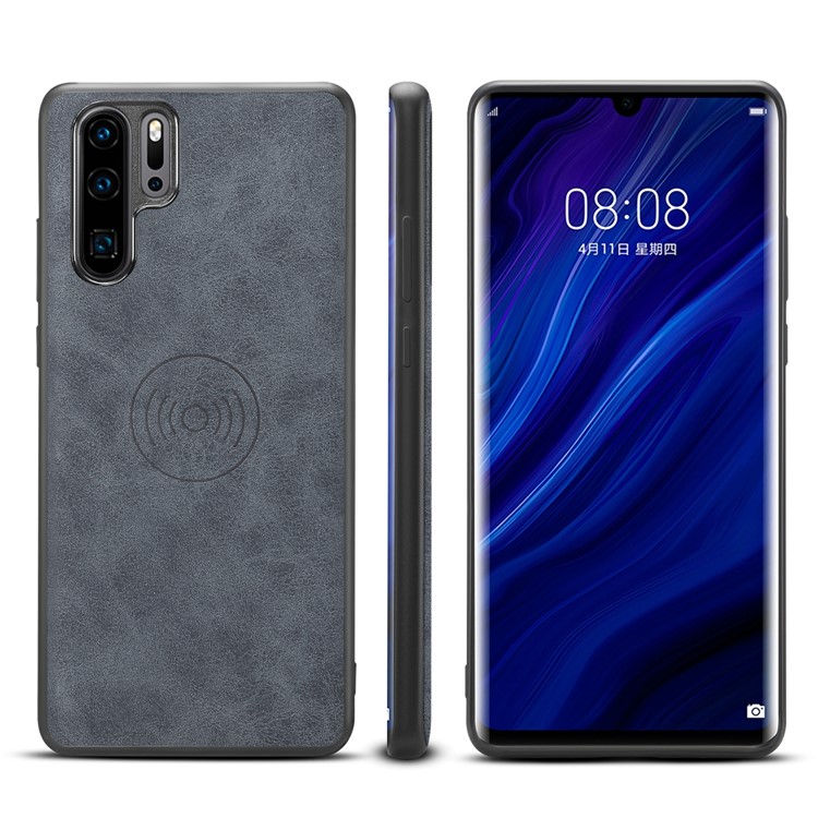 PU Leather Coated TPU Phone Case for Huawei P30 Pro (Built-in Magnetic Holder Metal Sheet) - Grey-1