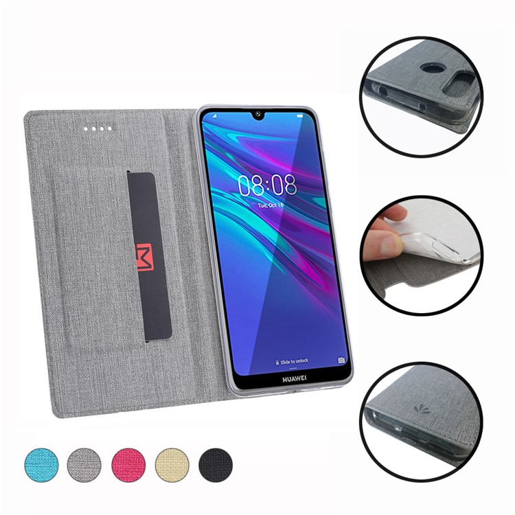 Coperchio Del Supporto Per Carta in Pelle VILI DMX Cross Texture Per Huawei Y6 (2019, Con Sensore di Impronte Digitali)/ Y6 Prime (2019)/ Honor 8A - Grigio