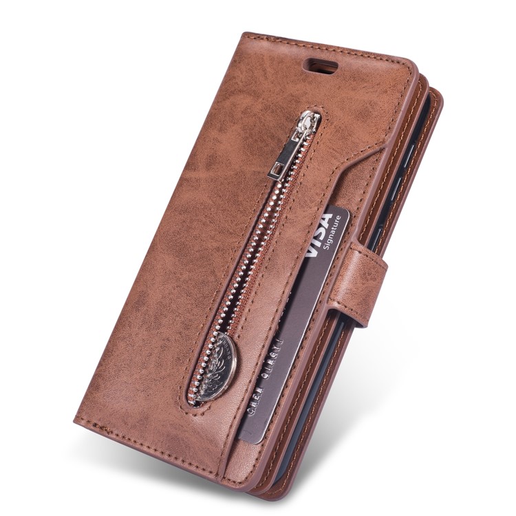 Multi-slot Wallet Zippered Leather Cover Stand Case for Huawei Y6 (2019, with Fingerprint Sensor) / Y6 Prime (2019) - Brown-4