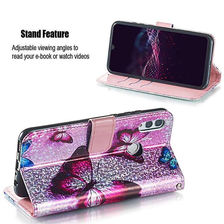 Pattern Printing Glitter Sequins Leather Wallet Case for Huawei P Smart (2019) / Nova Lite 3 / Honor 10 Lite - Butterfly-3