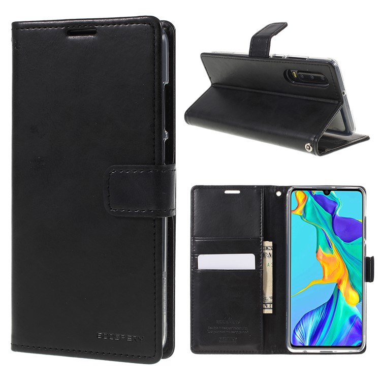 MERCURY GOOSPERY Blue Moon Leather Wallet Casing for Huawei P30 - Black-1