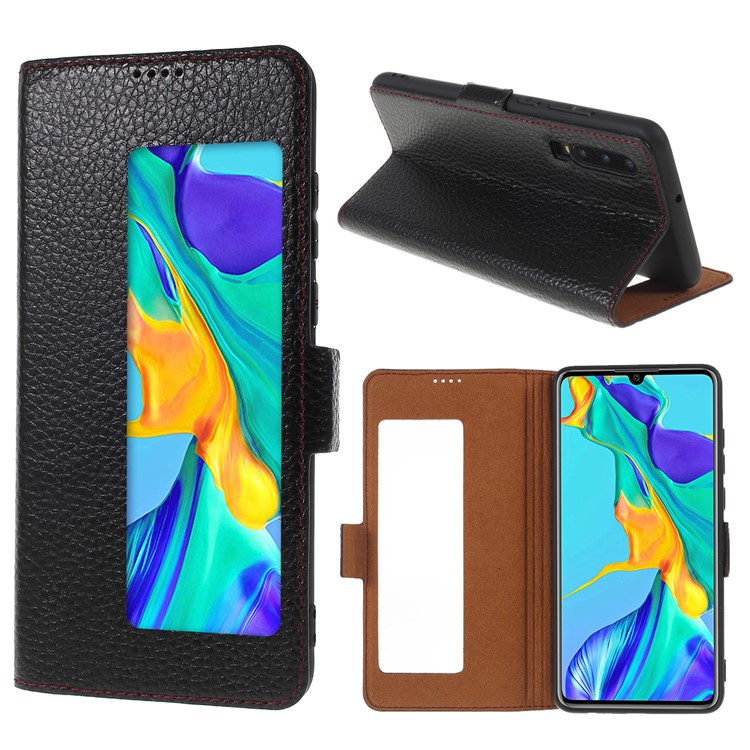 Hollow Window Litchi Skin Genuine Leather Flip Smart Phone Case for Huawei P30 - Black-1