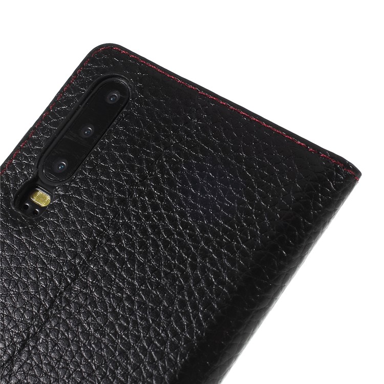 Hollow Window Litchi Skin Genuine Leather Flip Smart Phone Case for Huawei P30 - Black-5