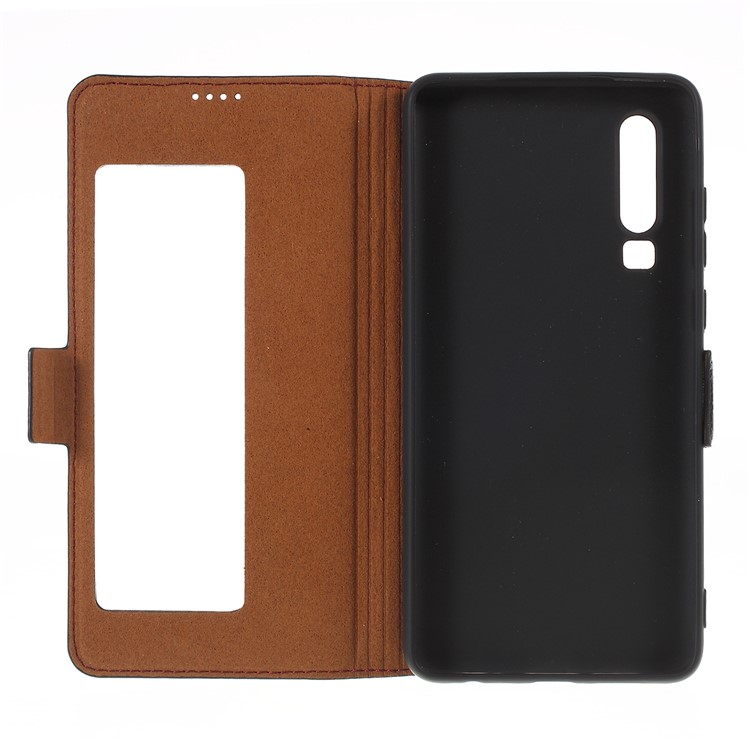 Hollow Window Litchi Skin Genuine Leather Flip Smart Phone Case for Huawei P30 - Black-9