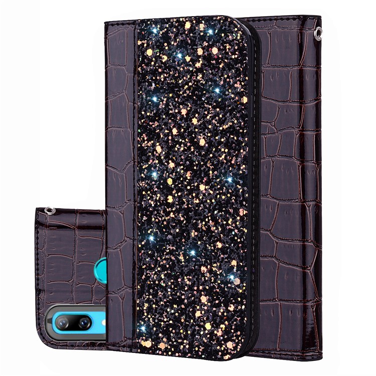 Crocodile Texture Glittery Sequins Splicing PU Leather Auto-absorbed Case for Huawei Y7 Pro (2019) - Black-1