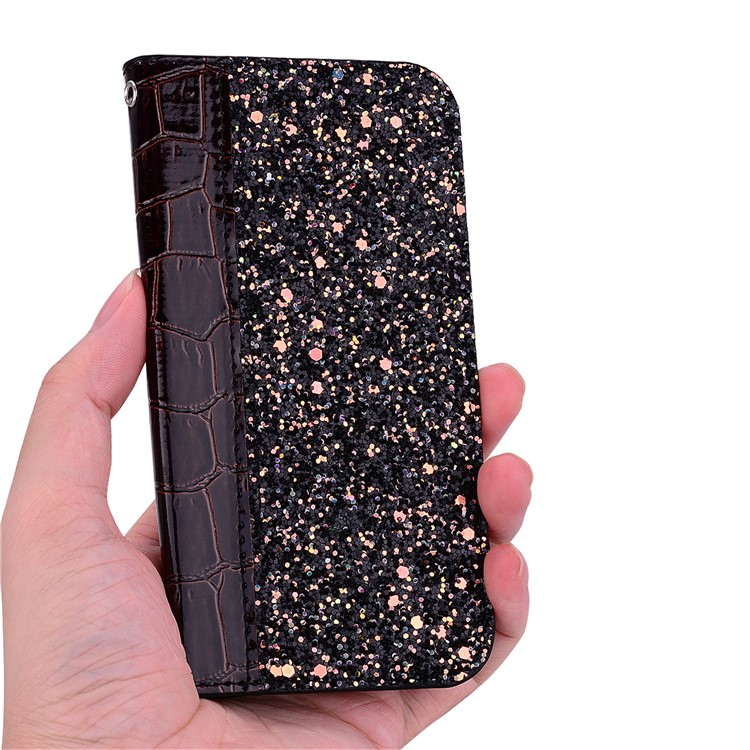 Crocodile Texture Glittery Sequins Splicing PU Leather Auto-absorbed Case for Huawei Y7 Pro (2019) - Black-11