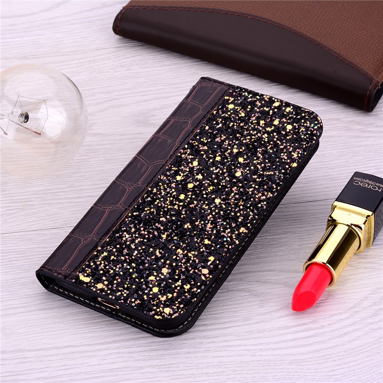 Crocodile Texture Glittery Sequins Splicing PU Leather Auto-absorbed Case for Huawei Y7 Pro (2019) - Black-12