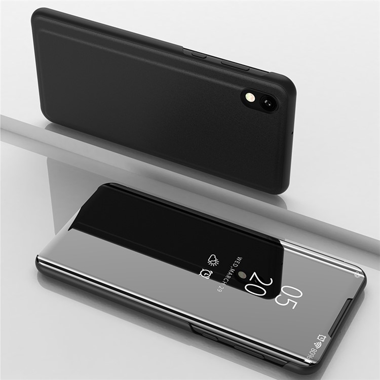 For Huawei Honor 8S View Window Plated Mirror Surface Leather Stand Cover - Black-1