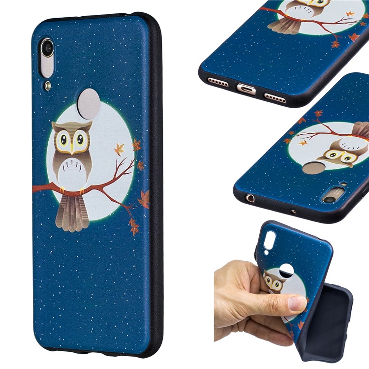 Accessorio Con Custodia In TPU Con Motivo In Rilievo Per Huawei Y6 (2019, Con Sensore Di Impronte Digitali) / Y6 Prime (2019) / Onore 8A - Stelle Della Luna Del Gufo-1