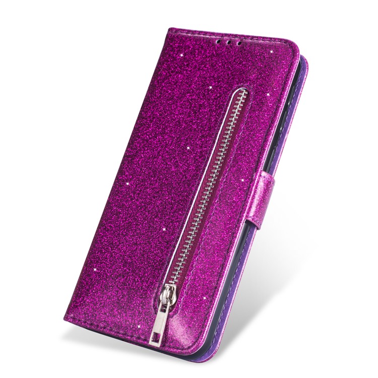 Glitter Powder Zippered Stand Leather Wallet Case with Strap for Huawei Y6 (2019, with Fingerprint Sensor) / Y6 Prime (2019) - Purple-6