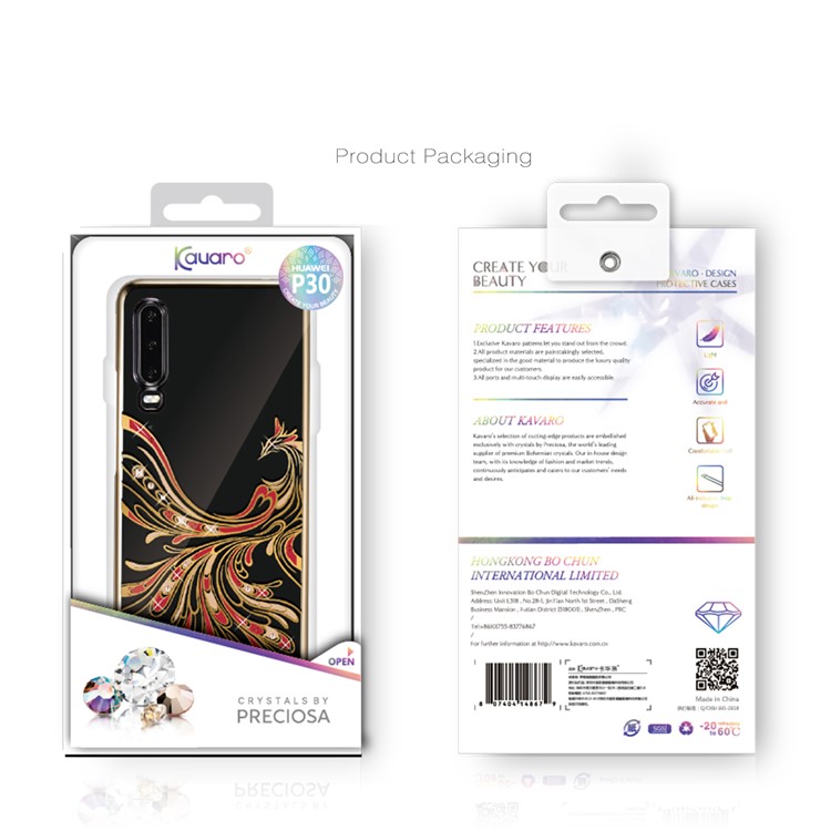 KAVARO Authorized Swarovski Crystals Decor Electroplated Phoenix Pattern Plastic Hard Cover Shell for Huawei P30 - Gold-5