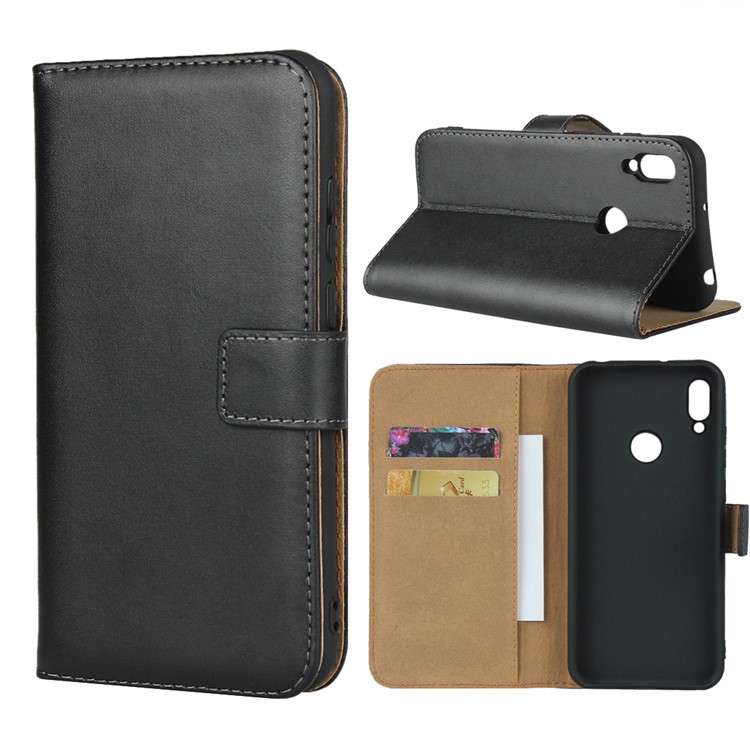 Genuine Leather Wallet Phone Cover wth Stand for Huawei Y6 (2019, with Fingerprint Sensor) / Y6 Prime (2019) - Black-2