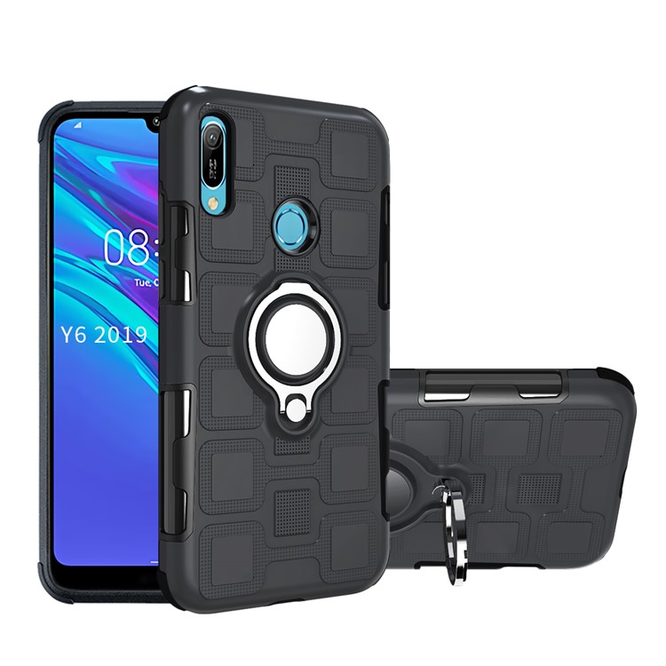 Geometric Pattern TPU PC Hybrid Case with Magnetic Car Mount Ring Holder for Huawei Y6 (2019, with Fingerprint Sensor)/Y6 Prime(2019)/Honor 8A - Black-1