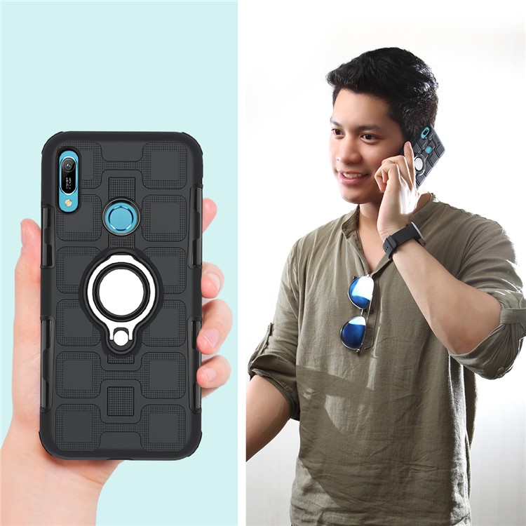 Geometric Pattern TPU PC Hybrid Case with Magnetic Car Mount Ring Holder for Huawei Y6 (2019, with Fingerprint Sensor)/Y6 Prime(2019)/Honor 8A - Black-10