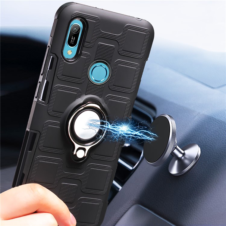 Geometric Pattern TPU PC Hybrid Case with Magnetic Car Mount Ring Holder for Huawei Y6 (2019, with Fingerprint Sensor)/Y6 Prime(2019)/Honor 8A - Black-11