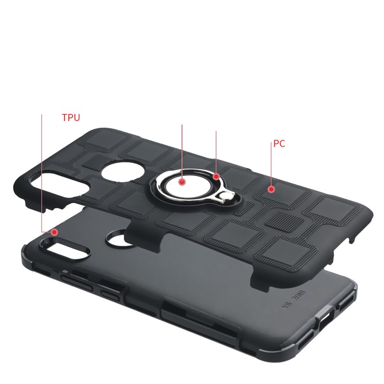 Geometric Pattern TPU PC Hybrid Case with Magnetic Car Mount Ring Holder for Huawei Y6 (2019, with Fingerprint Sensor)/Y6 Prime(2019)/Honor 8A - Black-12
