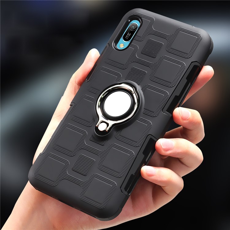 Geometric Pattern TPU PC Hybrid Case with Magnetic Car Mount Ring Holder for Huawei Y6 Pro (2019) - Black-12