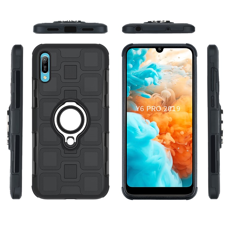 Geometric Pattern TPU PC Hybrid Case with Magnetic Car Mount Ring Holder for Huawei Y6 Pro (2019) - Black-4