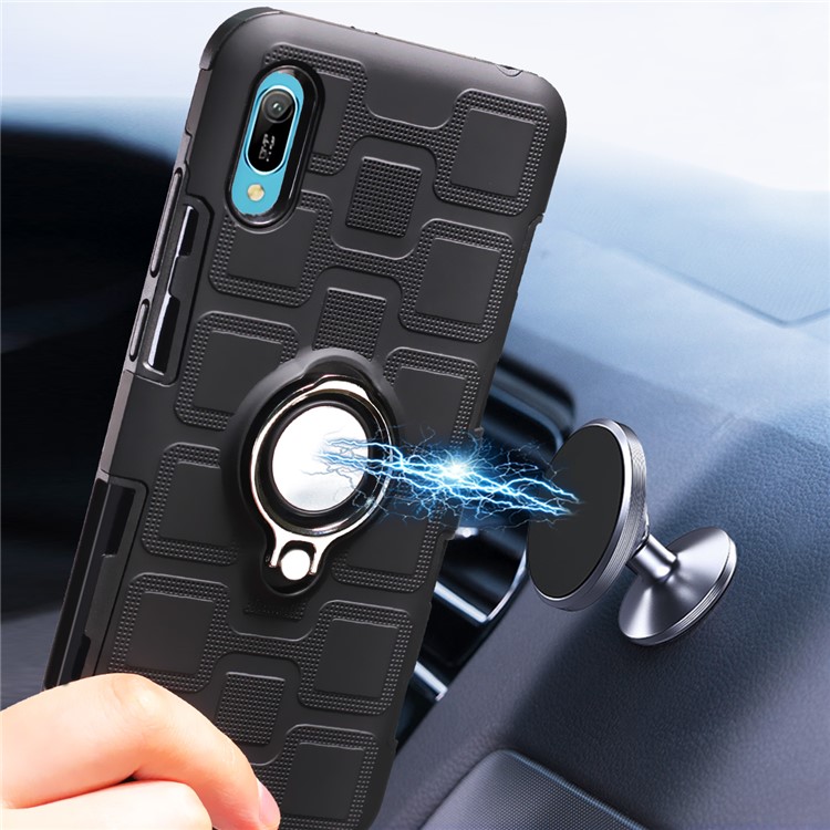 Geometric Pattern TPU PC Hybrid Case with Magnetic Car Mount Ring Holder for Huawei Y6 Pro (2019) - Black-8