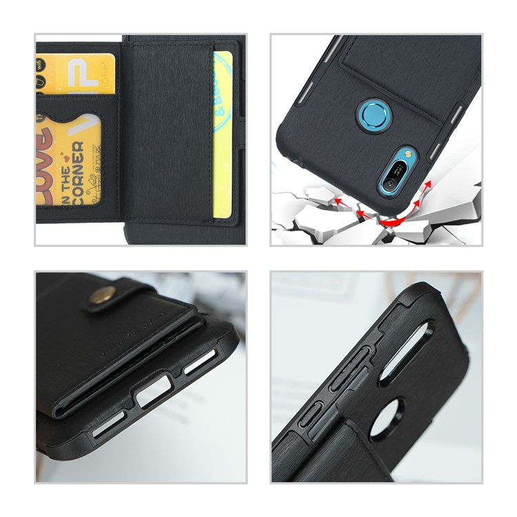 For Huawei Y6 (2019, with Fingerprint Sensor) / Y6 Prime (2019) Brushed Card Slots PU Leather Coated Hard PC Cover - Black-11