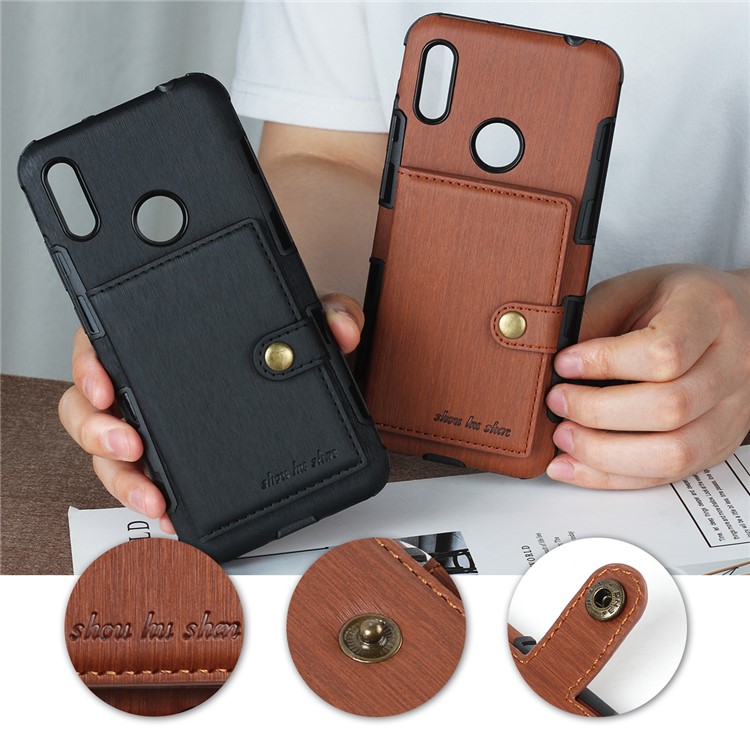 For Huawei Y6 (2019, with Fingerprint Sensor) / Y6 Prime (2019) Brushed Card Slots PU Leather Coated Hard PC Cover - Black-13