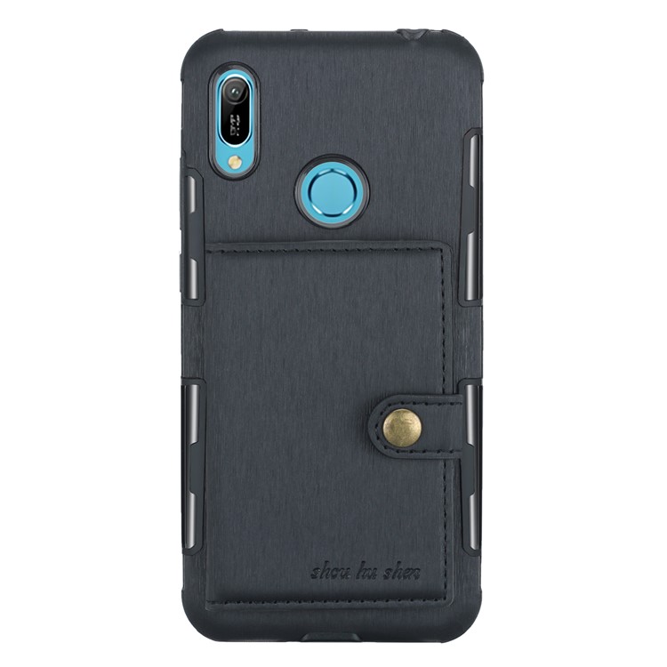 For Huawei Y6 (2019, with Fingerprint Sensor) / Y6 Prime (2019) Brushed Card Slots PU Leather Coated Hard PC Cover - Black-3