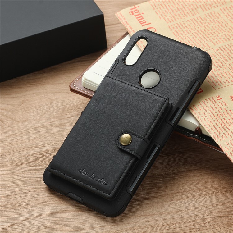 For Huawei Y6 (2019, with Fingerprint Sensor) / Y6 Prime (2019) Brushed Card Slots PU Leather Coated Hard PC Cover - Black-5