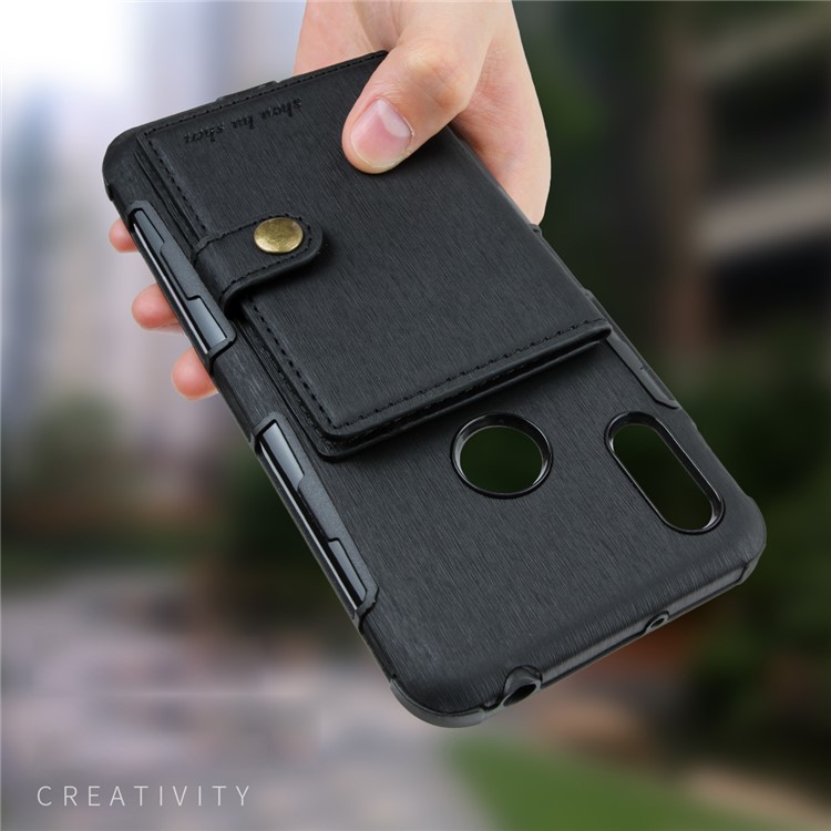 For Huawei Y6 (2019, with Fingerprint Sensor) / Y6 Prime (2019) Brushed Card Slots PU Leather Coated Hard PC Cover - Black-6