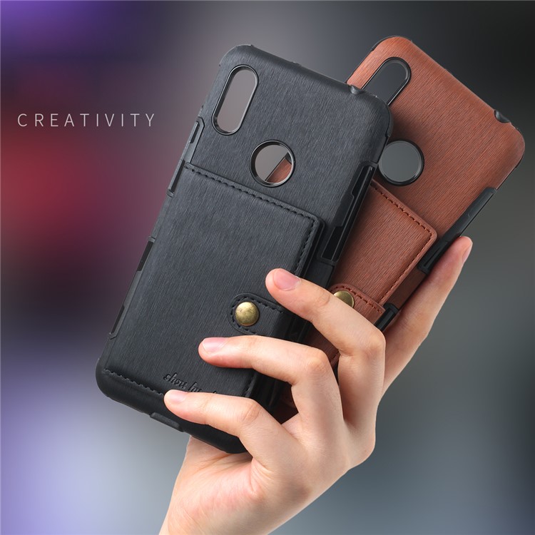 For Huawei Y6 (2019, with Fingerprint Sensor) / Y6 Prime (2019) Brushed Card Slots PU Leather Coated Hard PC Cover - Black-8