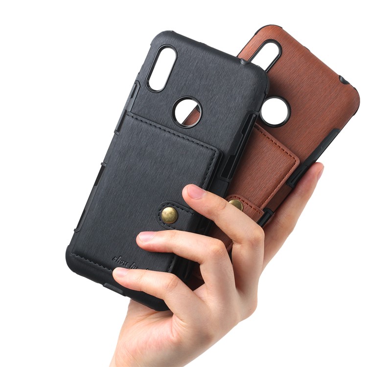 For Huawei Y6 (2019, with Fingerprint Sensor) / Y6 Prime (2019) Brushed Card Slots PU Leather Coated Hard PC Cover - Black-9